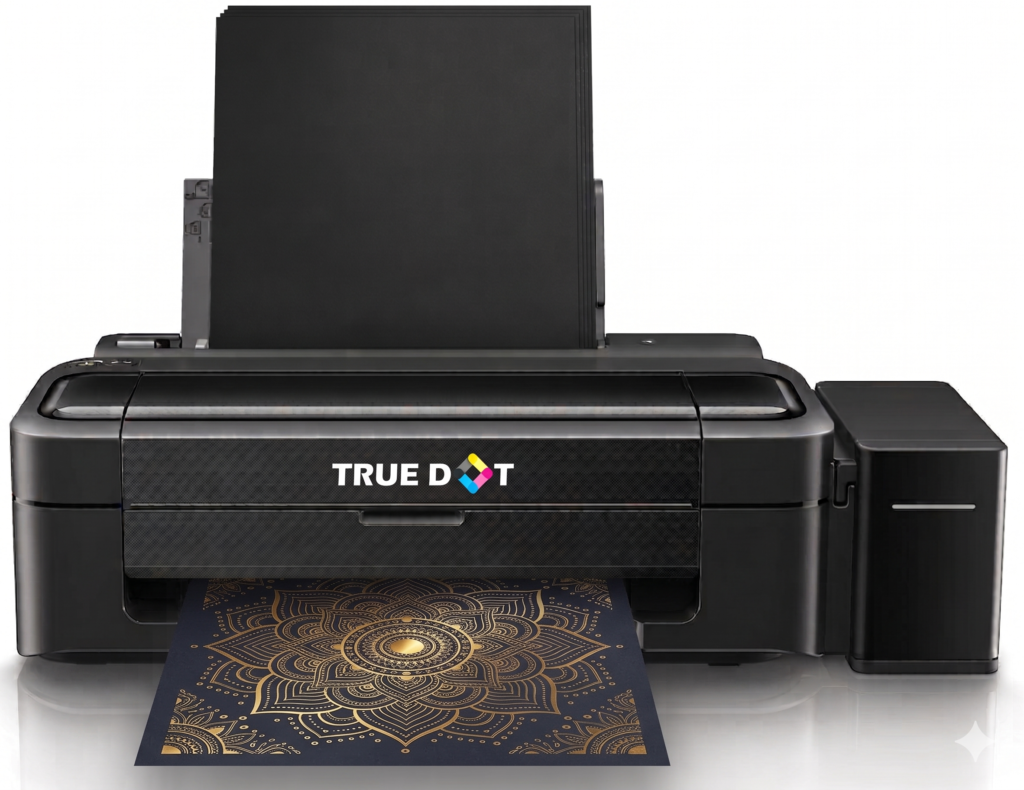 True Dot A4 Foil Printer printing gold metallic mandala artwork on a desk