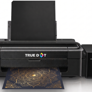 True Dot A4 Foil Printer printing gold metallic mandala artwork on a desk
